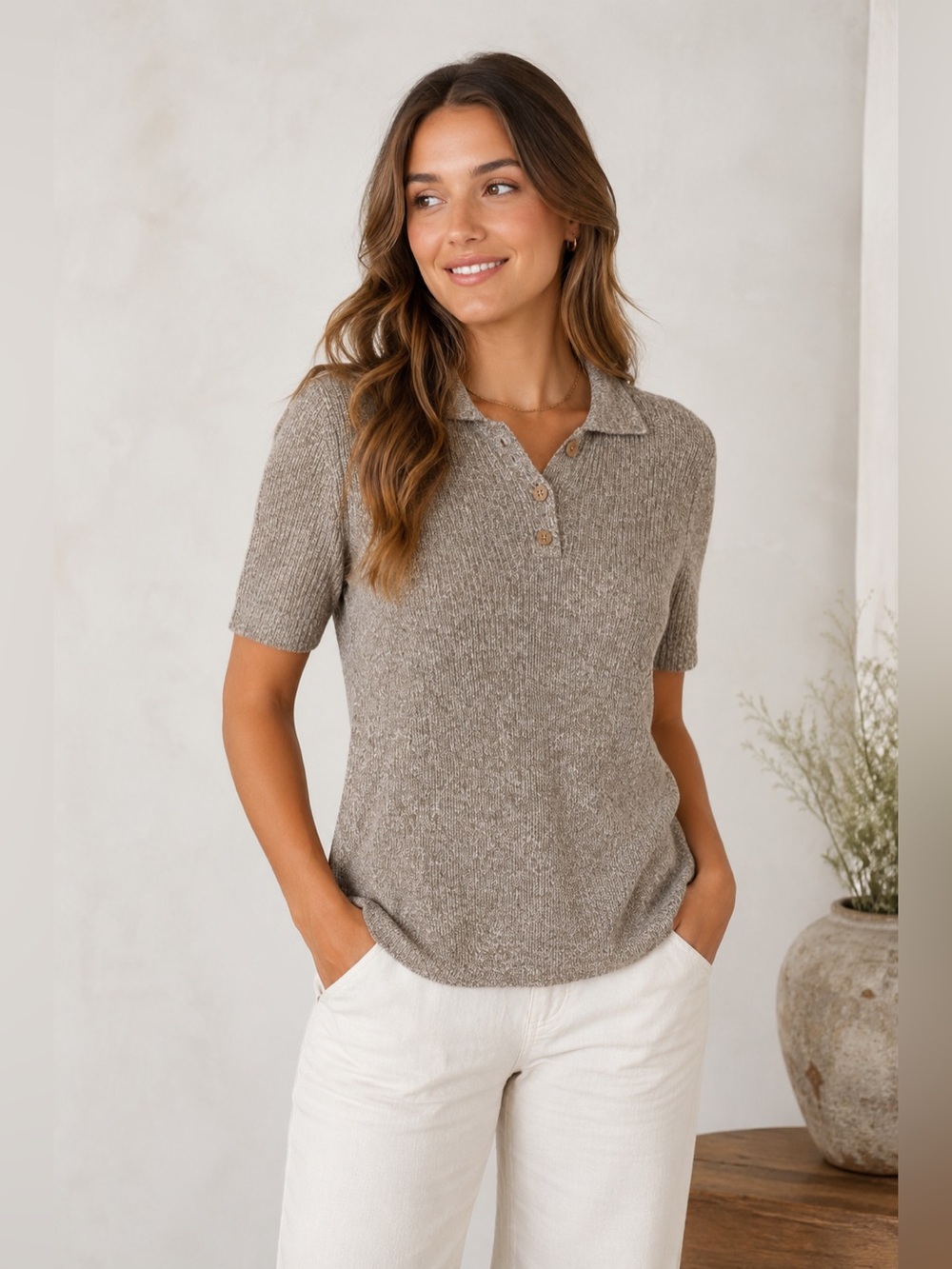 Norm Thompson Vintage Brown Marled Knit Short Sleeve Sweater Polo Top Women’s M